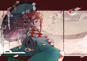 動漫少女身穿和服手持陽傘，櫻花飄舞。 — 動漫惡魔 壁紙