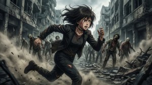 一名年輕女子在被毀的城市街道上逃離殭屍。