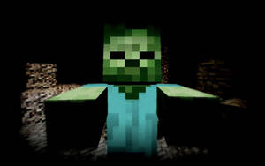 一個來自Minecraft的綠色像素化爬行者，在黑暗洞穴中帶着發光的眼睛。