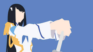 穿著白色和金色服裝的動漫女孩在藍色背景前持劍。