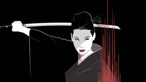 身穿黑色和服的女武士，身後有紅色條紋，手持武士刀。