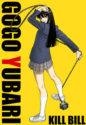 來自《追殺比爾》的動畫角色 Gogo Yubari 拿著一條鏈條，鏈條上有一個球和鏈條連接到她的腳踝。 — 斬！赤紅之瞳 GIF 壁紙