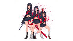 三個動漫女孩穿著校服揮舞劍，伴隨紅色油漆飛濺。