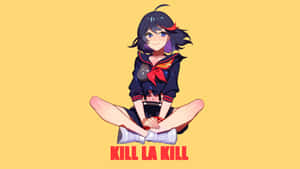 動漫女學生穿著校服，盤腿坐在黃色背景上，帶有紅色文字。