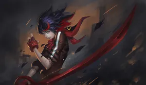 動漫戰士,紫色頭髮和紅色圍巾,在半空中揮舞著大型彎曲劍,周圍有瓦礫和火花。