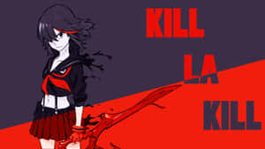 穿著校服的動漫女孩手持巨大的紅色剪刀，上面有「KILL LA KILL」文字。