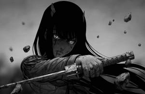 長黑髮的動漫戰士，在岩石飛舞中握劍。