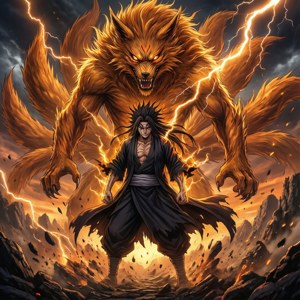 一名戰士在閃電和火焰中，在岩石山上對抗九尾狐神。 — Pixel Watch 壁紙