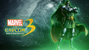 身穿綠色盔甲和斗篷的毀滅博士站在發光的Marvel vs Capcom 3標誌前。 — 漫威超級英雄 壁紙