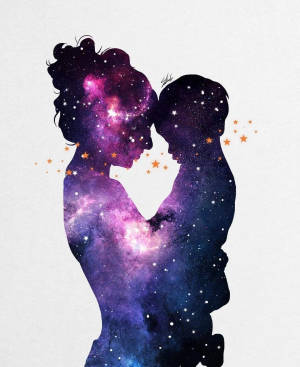 兩個擁抱的人物，充滿了星空的星雲和發光的星星。 — 銀河 壁紙