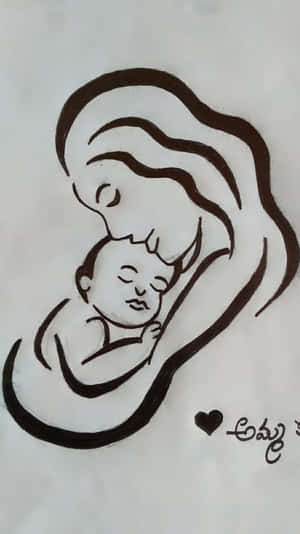 母親在充滿愛意的懷抱中親吻熟睡的嬰兒，以簡單的黑色線條繪製。 — 藝術 壁紙