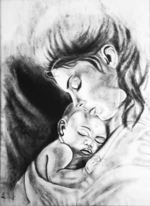 一位母親在木炭素描中溫柔地抱著她熟睡的嬰兒。 — iPad Air 13 壁紙