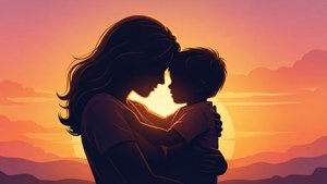 夕陽下母親與孩子深情擁抱的剪影。