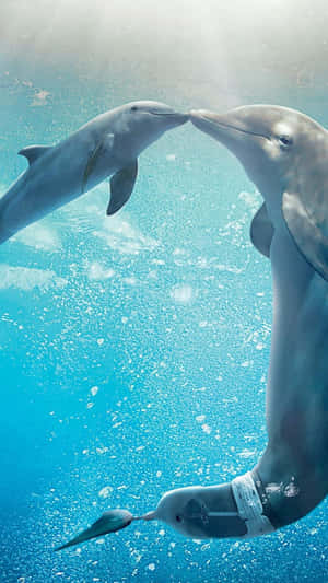 兩條海豚在清澈的藍色海水中互相依偎。 — 動物 壁紙