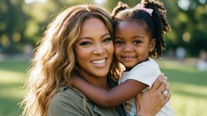 一位母親和女兒在陽光明媚的公園裡快樂地擁抱。 — Beyoncé 壁紙