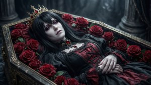 一位戴著皇冠、身穿黑紅蕾絲的女子，在裝滿紅玫瑰的棺材中休息。