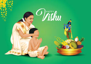 母親在擺有水果和克里希納神的Vishu Kozhikalam旁遮住孩子的眼睛
