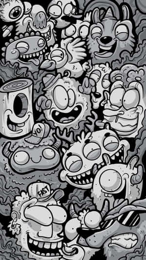 一幅黑白卡通插圖，描繪了許多咧嘴笑的怪物，表情誇張。