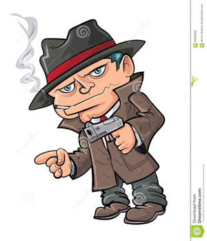 戴軟呢帽的卡通黑幫抽煙時用槍指著。