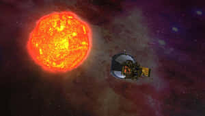太空船在充滿星星的彩色星雲中繞著一顆火熱的太陽運行。 — 美麗的日落動畫 壁紙