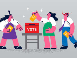 三個插圖選民將選票投入紅色投票箱。 — 美國國旗 壁紙