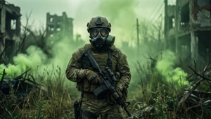 士兵戴著防毒面具在廢墟城市中持步槍，綠色煙霧瀰漫。 — 使命召喚：現代戰爭 壁紙