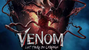 Venom Carnage 以觸手和發光的眼睛在熾熱的背景中。