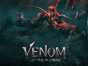 黑暗宇宙場景中帶有標題文字的 Venom Carnage 共生體生物。
