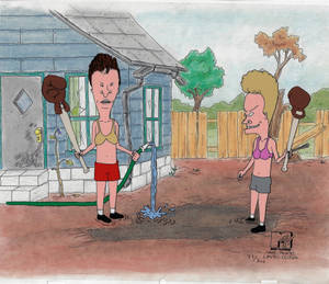Beavis 和 Butt-Head 在房子附近的後院手持球棍和手套