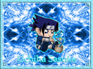 Chibi Sasuke 拿著一條藍色的蛇在籃子裡，背景是藍色能量。