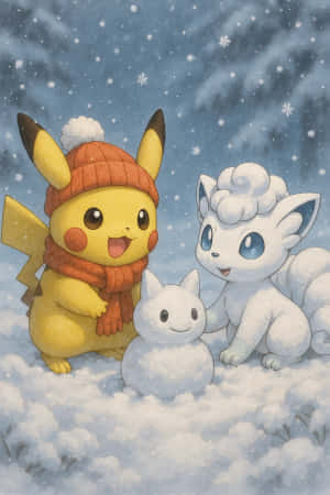 比卡超戴著紅色帽子和圍巾，在飄雪中微笑，旁邊有一個雪人和一隻毛茸茸的白狐狸。 — iPhone 4 壁紙