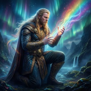 一位奇幻戰士跪在山谷中，在極光下召喚多彩魔法。