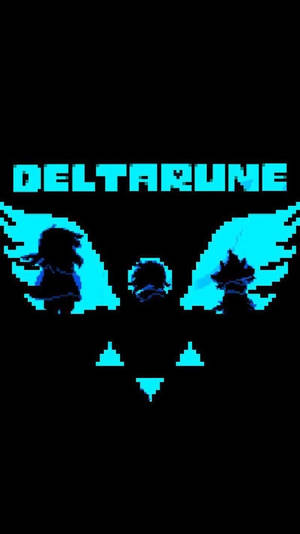 藍色像素化的 Deltarune 標誌，黑色背景上有三個角色剪影。