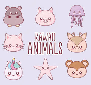 可愛的卡哇伊動物臉孔，包括河馬、豬、水母、貓、鹿、獨角獸、海星和猴子。