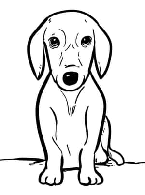 一隻驚訝的臘腸狗卡通幼犬，睜大眼睛、張開嘴巴坐著。