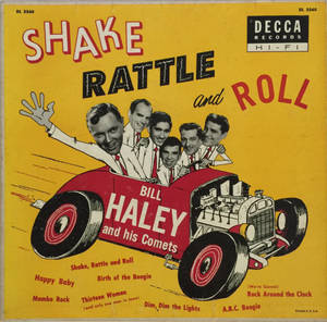 Bill Haley and his Comets 在黃色專輯封面上的紅色熱棒車上。