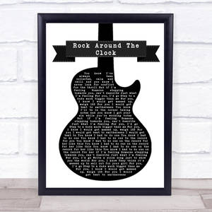 框裝結他形狀歌詞海報，展示《Rock Around The Clock》，掛在磚牆上。 — 音樂 GIF 壁紙