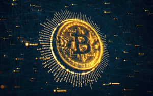 金色比特幣符號被數碼網絡和加密貨幣標籤包圍。