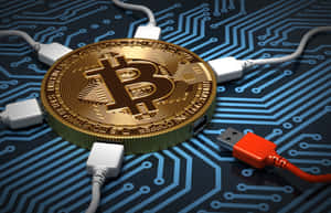 金色比特幣連接到電路板上的USB線。