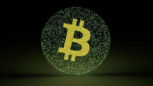 金色比特幣標誌被綠色二進制代碼包圍，深色背景