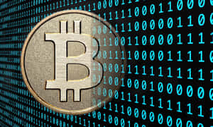 金色比特幣被流動的藍色二進制數字包圍。