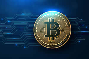 發光嘅金色比特幣硬幣，帶有電路設計，喺藍色數碼背景上。