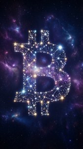 在色彩繽紛的宇宙星雲中由星星組成的發光比特幣符號。 — 比特幣 壁紙