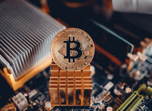電腦硬件電路板上的金色比特幣硬幣 — 比特幣 壁紙