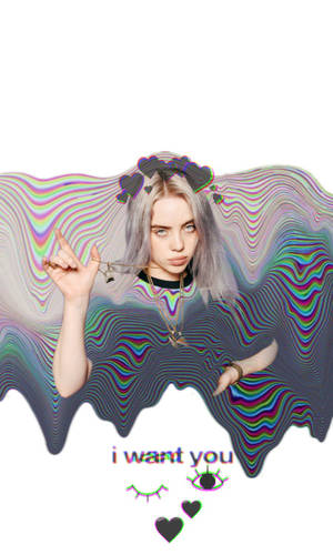 Billie Eilish 銀色頭髮和黑色心形飾品，背景為迷幻彩虹波浪。