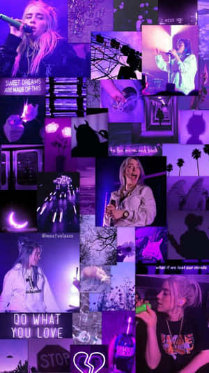 紫色主題拼貼畫， featuring Billie Eilish 表演和語錄。