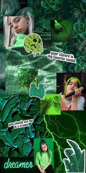Billie Eilish 拼貼畫，帶有綠色多肉植物和閃電效果。
