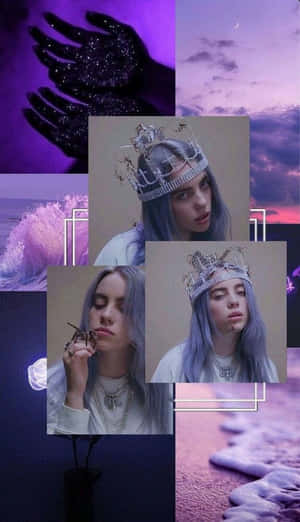 Billie Eilish 在紫色拼貼畫中戴上皇冠、閃爍雙手。