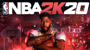 NBA 2K20 封面，一位籃球運動員在夜晚的城市前拿著一個球。