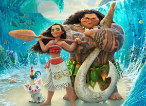 Moana 和 Maui 與一隻豬和一隻公雞在巨浪下的沙灘上。